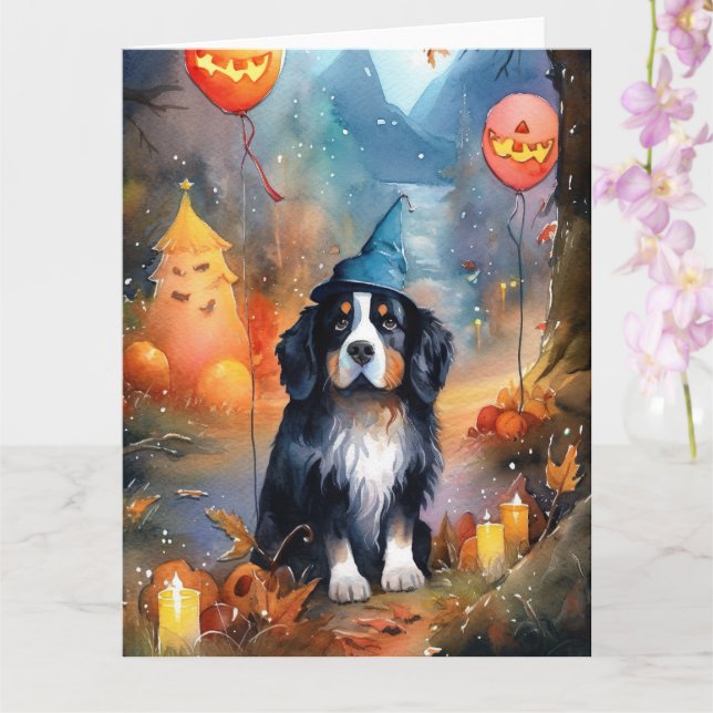 Tarjeta Montaña Bernesa de Halloween con calabazas aterrad (Orquídea)