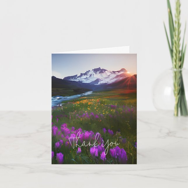 Tarjeta Montaña de acuarela y flores personalizables (Anverso)