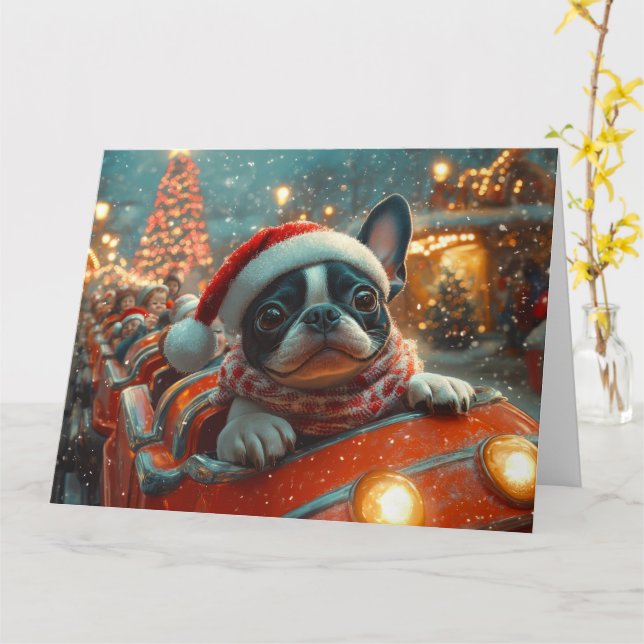 Tarjeta Montaña Rusa Perro Boston Terrier Navidad (flor amarilla)
