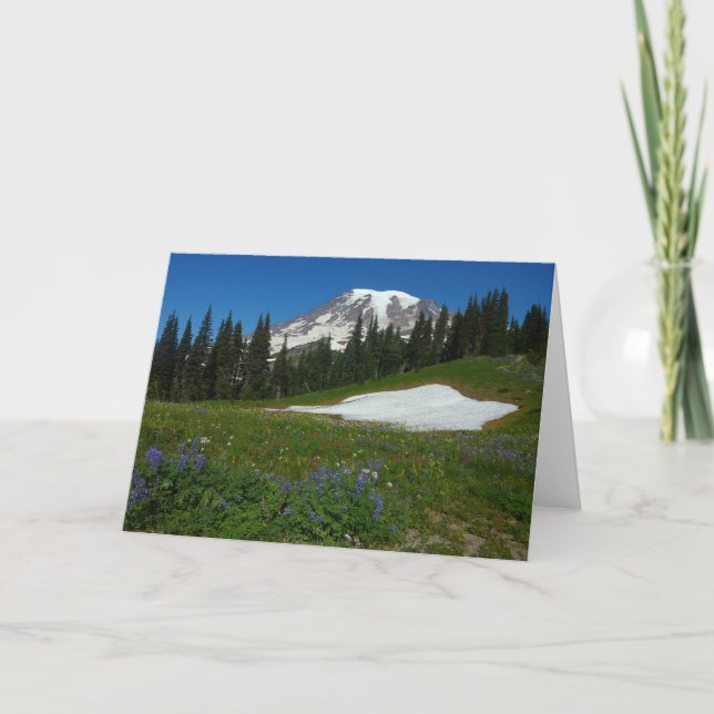 Tarjeta Monte Rainier, flores silvestres y nieve (Anverso)