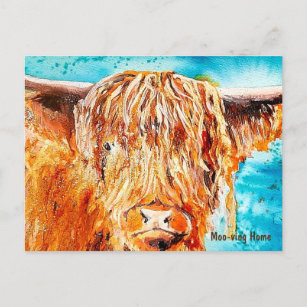 Tarjeta "Moo-Ving Home" de pintura de vaca Highlan