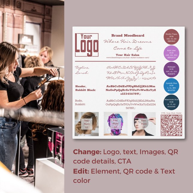 Tarjeta Moodboard de la marca Hair Salon (Hair Stylist Brand Identity Card, Logo, Type, Impression, Brand Colors)