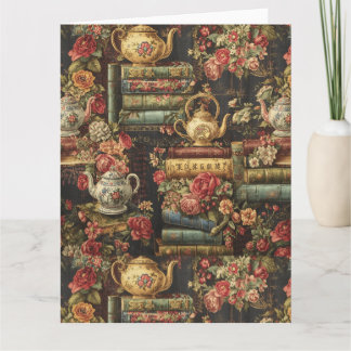 Tarjeta Moody Botanical floral Bookshelf & Teapot
