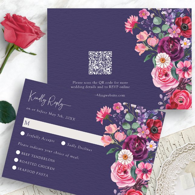 Tarjeta Moody Floral RSVP (Moody Navy Blue Watercolor Floral RSVP Card with QR Code by Painted Paperie
)