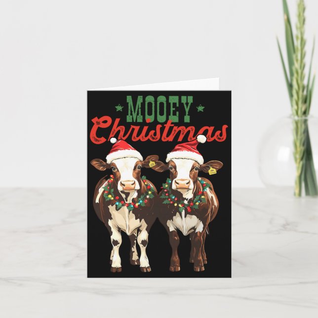 Tarjeta Mooey Christmas Cow With Santa Hats Xmas Lights Me (Anverso)