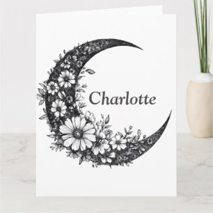 Tarjeta Moon and Flowers Art con nombre de Personalizable