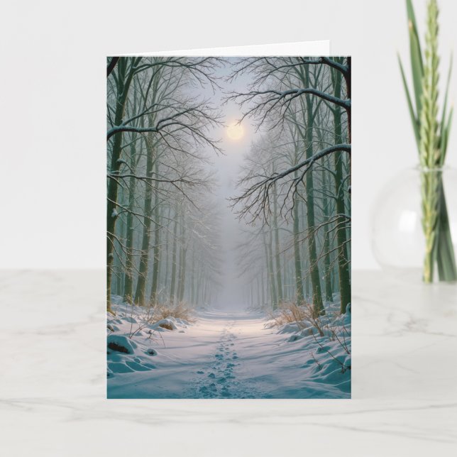 Tarjeta Moonlight Christmas Footprints In a Snowy Forest (Anverso)