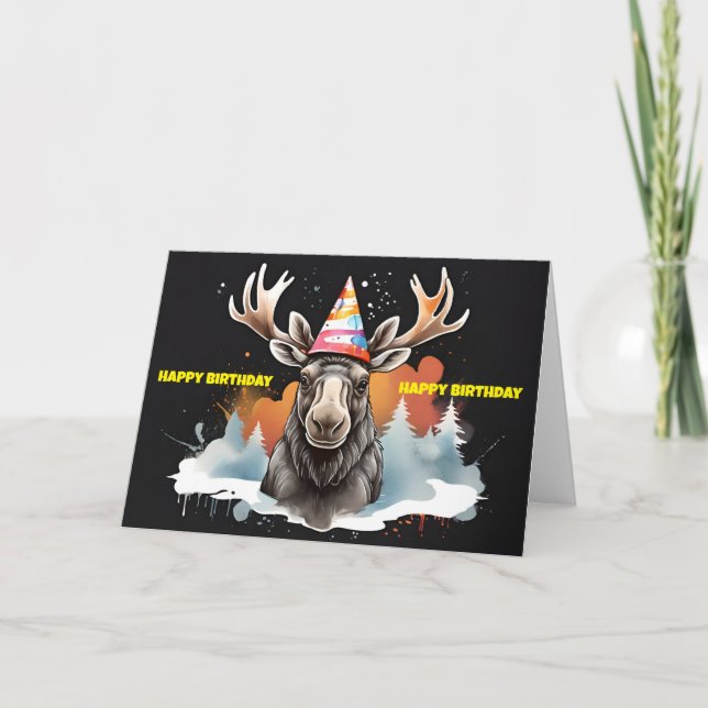 Tarjeta Moose llevando gorra de cumpleaños (Anverso)