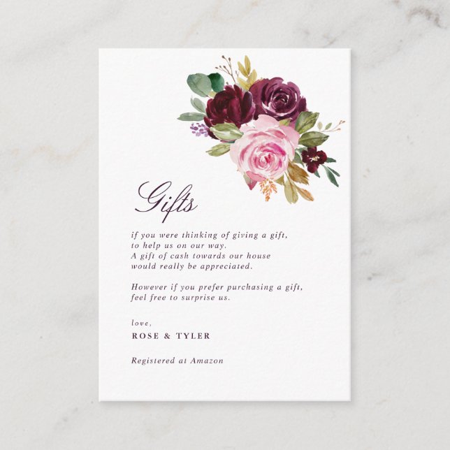 Tarjeta morada de regalos de boda floral (Anverso)