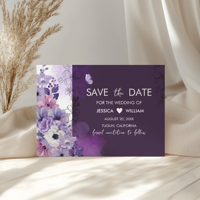 Tarjeta morada floral de boda para guardar la fech (Subido por el creador)