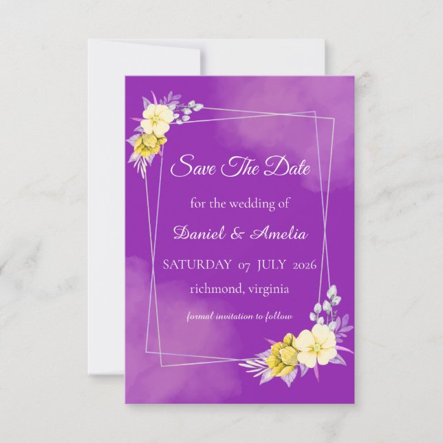 Tarjeta morada floral para guardar la fecha de la  (Anverso)