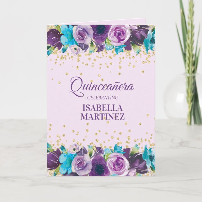 Tarjeta Morado Azul acuarela Floral Quinceañera Foto (Anverso)