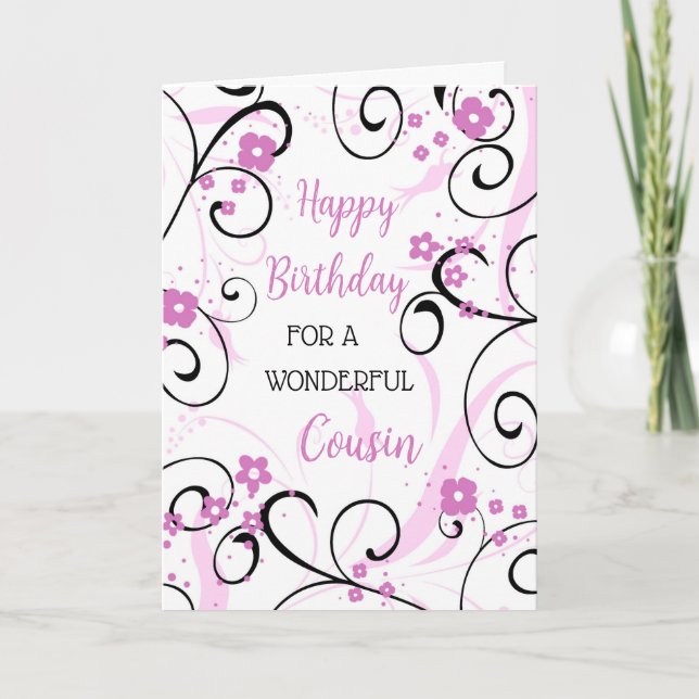 Tarjeta Morado Black Swirls Cousin Cumpleaños (Anverso)