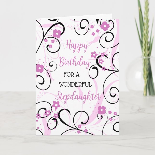 Tarjeta Morado Black Swirls Stepgirl Birthday (Anverso)