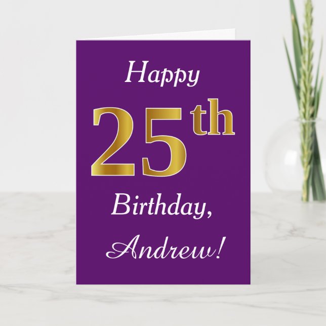 Tarjeta Morado, Faux Gold 25th Birthday + Nombre personali (Anverso)