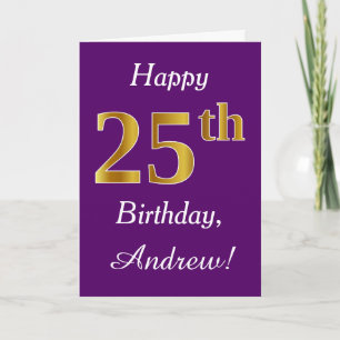 Tarjeta Morado, Faux Gold 25th Birthday + Nombre personali