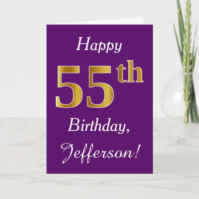 Tarjeta Morado, Faux Gold 55th Birthday + Nombre personali (Anverso)