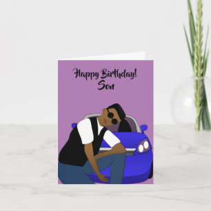 Tarjeta Morado Feliz cumpleaños hijo afroamericano