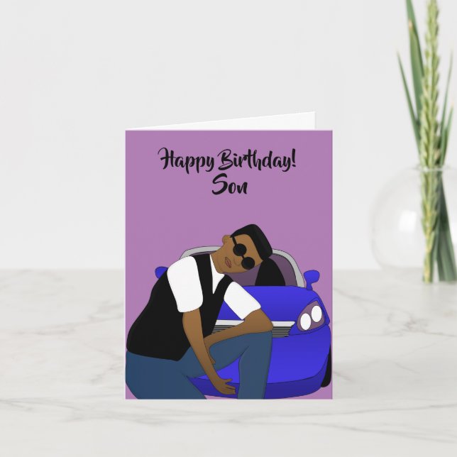 Tarjeta Morado Feliz cumpleaños hijo afroamericano (Anverso)
