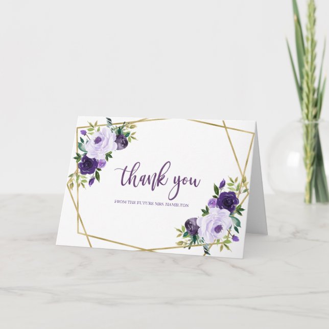 Tarjeta Morado Gold Watercolor Bridal Ducha Gracias (Anverso)