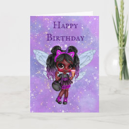 Tarjeta Morado hada chica afroamericano lindo cumpleaños