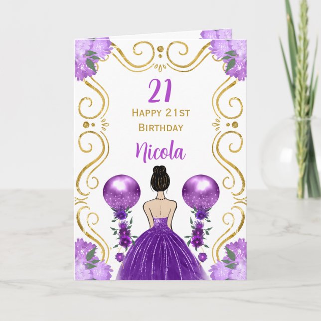 Tarjeta Morado Hair Princess Purple Happy Birday (Anverso)
