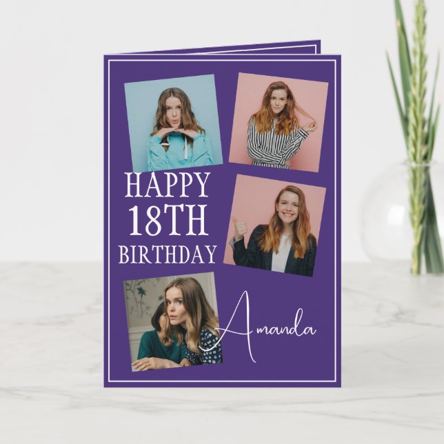 Tarjeta Morado moderno 4 Collage de fotos 18 cumpleaños (Anverso)