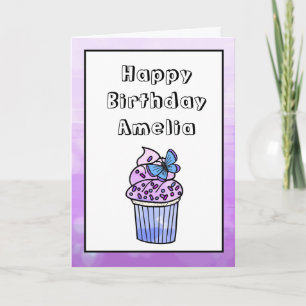 Tarjeta Morado Whimsical Chica Butterfly Cupcake Cumpleaño