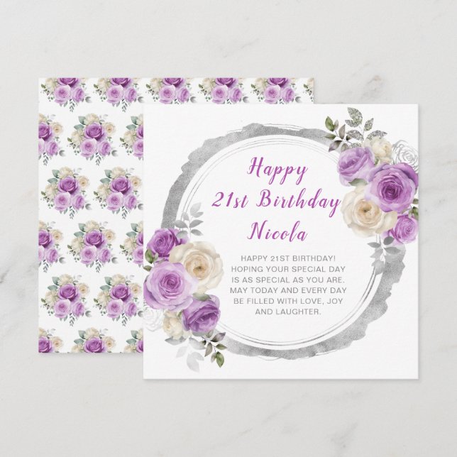Tarjeta Morado y Plata Flores Elegantes Cumpleaños (Anverso / Reverso)