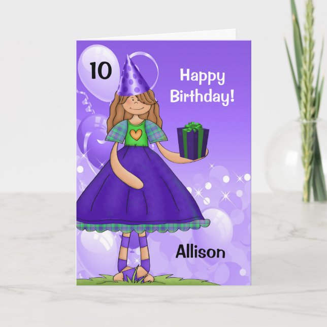 Tarjeta Morado y verde Chica de cumpleaños con edad (Anverso)