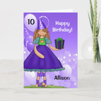 Tarjeta Morado y verde Chica de cumpleaños con edad