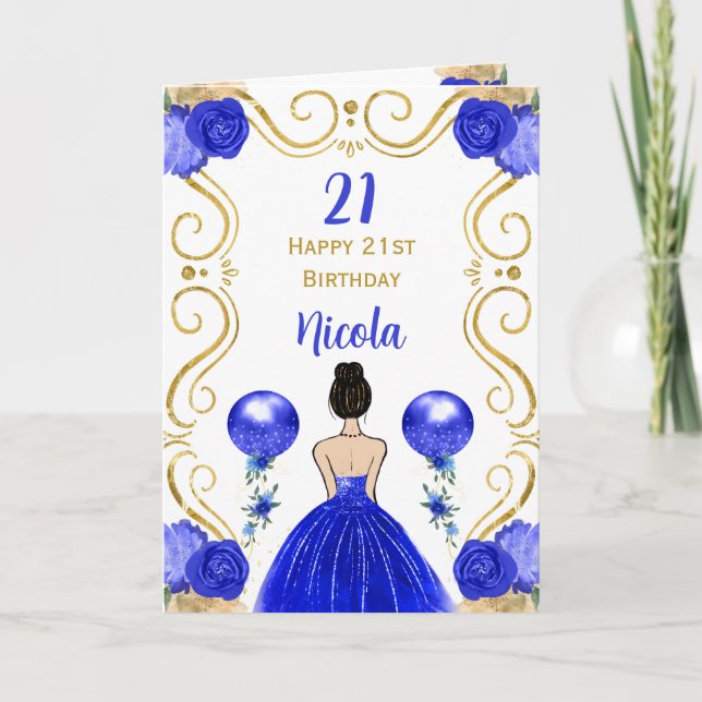 Tarjeta Morena Princesa Azul Feliz cumpleaños (Anverso)