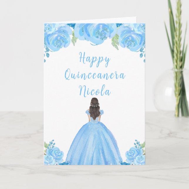 Tarjeta Moreno Princesa Azul Floral Quinceanera (Anverso)