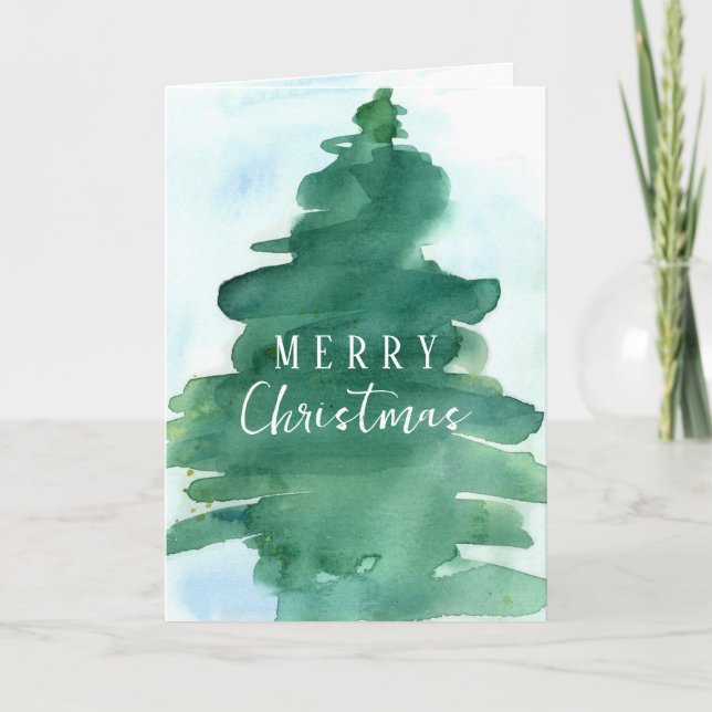 Tarjeta Morerry Christmas Tree Winter Snow Watercolor (Anverso)