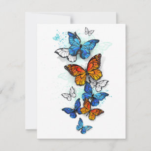 Tarjeta Morfo y monarca de las mariposas voladoras