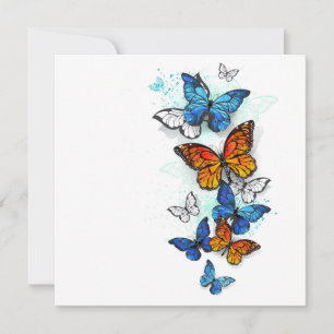 Tarjeta Morfo y monarca de las mariposas voladoras