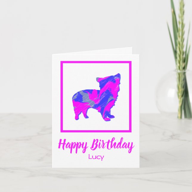 Tarjeta Morkie Pink & Blue Silhouette Dog Funny Cumpleaños (Anverso)