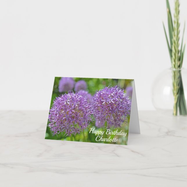 Tarjeta Morple Allium Flowers Feliz cumpleaños (Anverso)