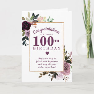 Tarjeta Morple Mauve Pink Floral 100 cumpleaños