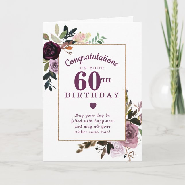 Tarjeta Morple Mauve Pink Floral 60 cumpleaños (Anverso)