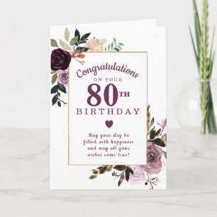 Tarjeta Morple Mauve Pink Floral 80 cumpleaños