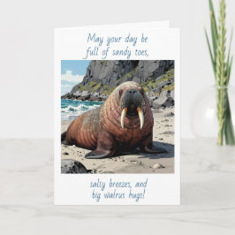 Tarjeta Morsa Adorable en una Playa de Arena | Pensando en