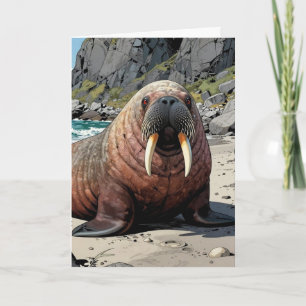 Tarjeta Morsa en una playa de arena   Solo para saludar