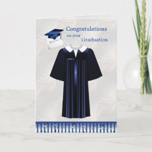 Tarjeta Mortero azul plateado, vestido y diploma Graduació