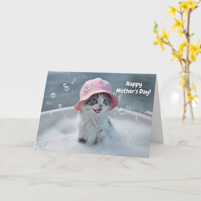 Tarjeta Mothers Day Cute and Fun Cat Bubble Bath (flor amarilla)