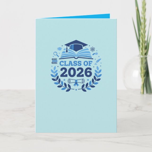 Tarjeta Motivo de Graduación Clase de 2026 Tema Azul en Bl (Anverso)