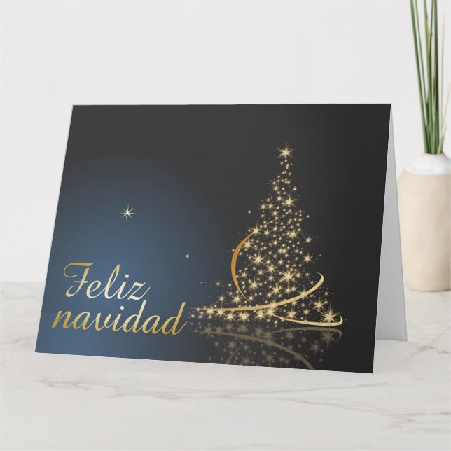 Tarjeta Motivo navideño azul con dorado Árbol de navidad. (Anverso)