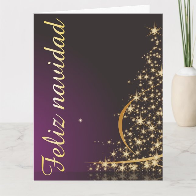 Tarjeta Motivo navideño morado con dorado Árbol de navidad (Anverso)