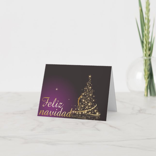 Tarjeta Motivo navideño morado con dorado Árbol de navidad (Anverso)