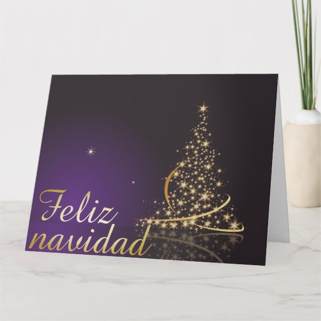 Tarjeta Motivo navideño morado oscuro con dorado árbol de (Anverso)